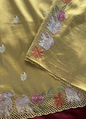 Yellow Color embrodied elephant design panel with cutwork and hole work art silk saree 2