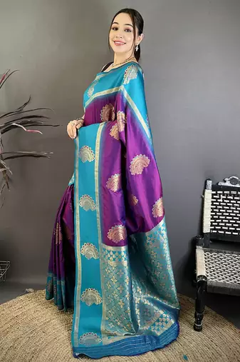 violet soft silk gold zari woven butta faux banarasi saree