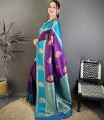 violet soft silk gold zari woven butta faux banarasi saree