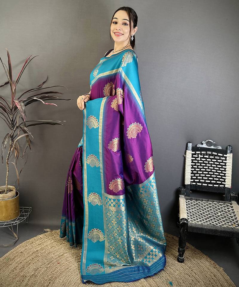 violet soft silk gold zari woven butta faux banarasi saree
