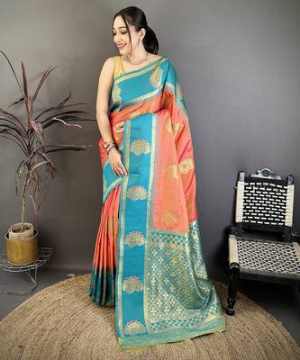 peach soft silk banarasi saree with gold zari butta 1
