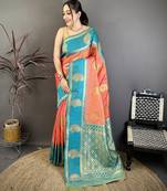 peach soft silk gold zari woven butta faux banarasi saree