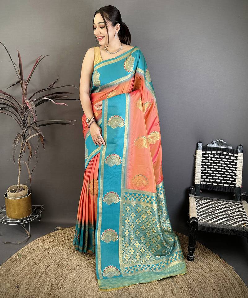 peach soft silk gold zari woven butta faux banarasi saree