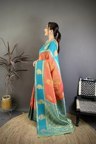 peach soft silk banarasi saree with gold zari butta
