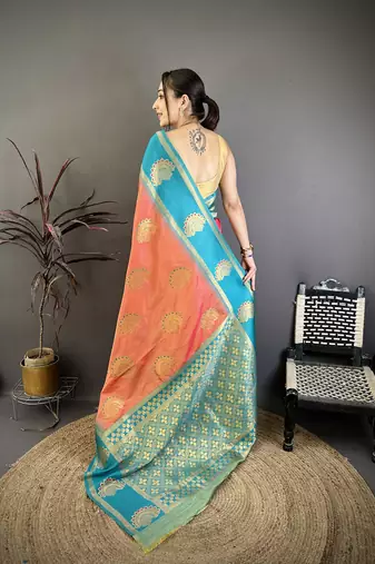peach soft silk banarasi saree with gold zari butta