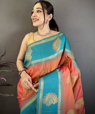 peach soft silk banarasi saree with gold zari butta 4