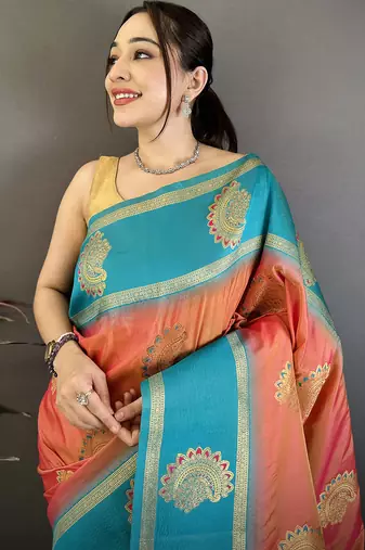 peach soft silk banarasi saree with gold zari butta