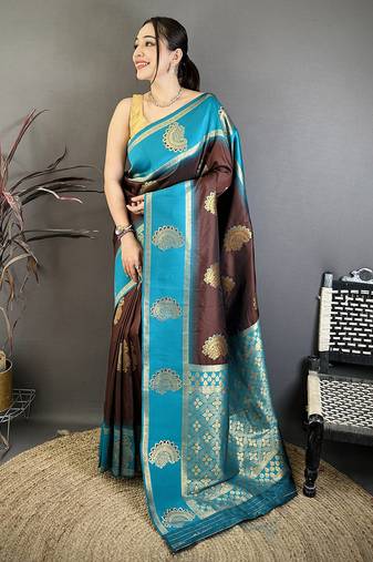 brown soft silk gold zari woven butta faux banarasi saree