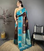 brown soft silk gold zari woven butta faux banarasi saree