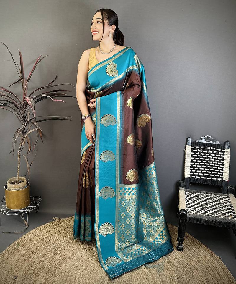 brown soft silk gold zari woven butta faux banarasi saree
