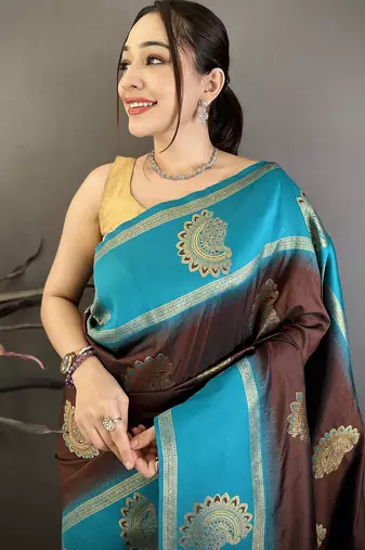 brown soft silk banarasi saree with zari butta work