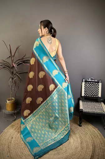 brown soft silk banarasi saree with zari butta work