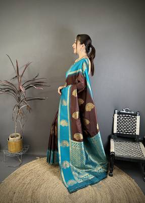 brown soft silk banarasi saree with zari butta work 4