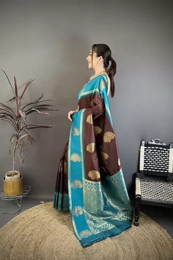 brown soft silk banarasi saree with zari butta work