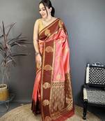 peach soft silk gold zari woven butta faux banarasi saree