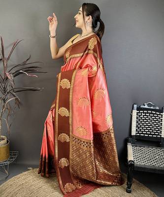 peach soft silk banarasi saree with zari butta 2