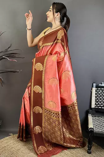 peach soft silk banarasi saree with zari butta