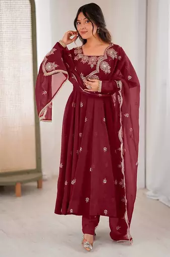 Deep Maroon Roman Silk Embroidered Sequence Anarkali Set with Dupatta