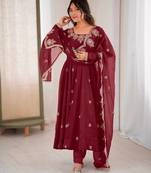 Deep Maroon Roman Silk Embroidered Sequence Anarkali Set with Dupatta