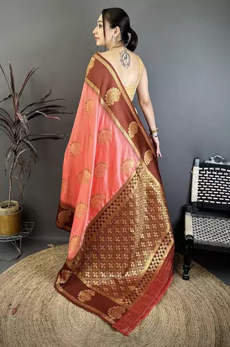 peach soft silk banarasi saree with zari butta