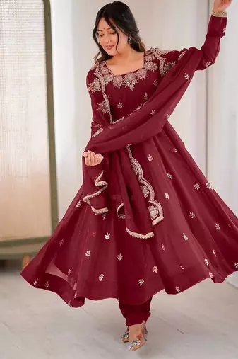 Deep Maroon Roman Silk Embroidered Sequence Anarkali Set with Dupatta