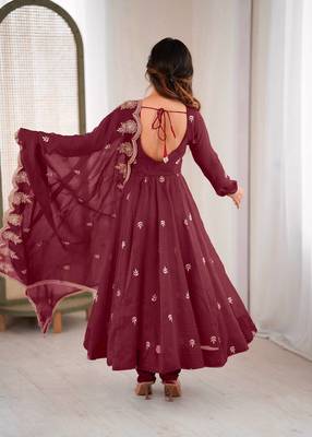 Deep Maroon Roman Silk Embroidered Sequence Anarkali Set with Dupatta 4