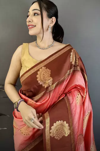 peach soft silk banarasi saree with zari butta