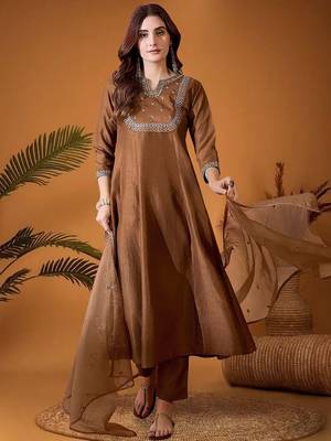 Floral Embroidered Sequinned A-Line Kurta With Trousers & Dupatta 1