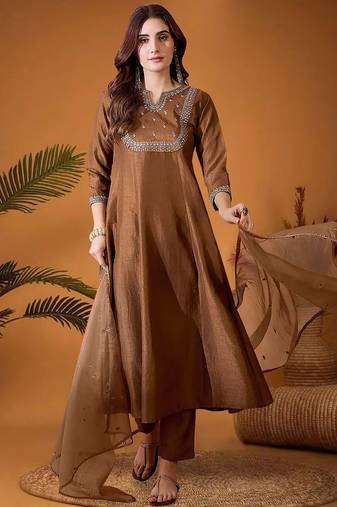 Floral Embroidered Sequinned A-Line Kurta With Trousers & Dupatta