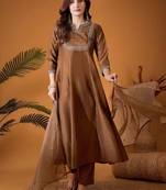 Floral Embroidered Sequinned A-Line Kurta With Trousers & Dupatta