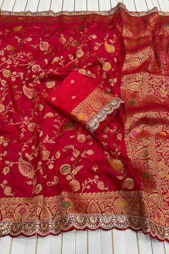 Red Color embroidery cording sequin and thread work Dolla silk blend Saree