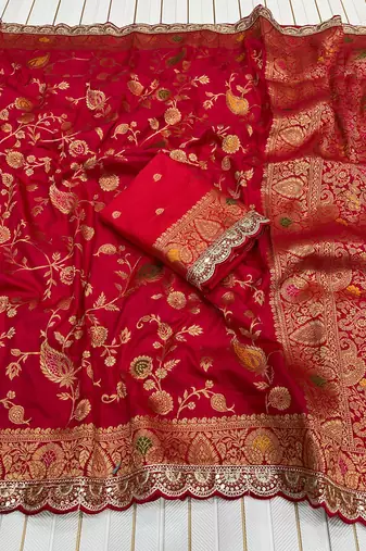 Red Color embroidery cording sequin and thread work Dolla silk blend Saree