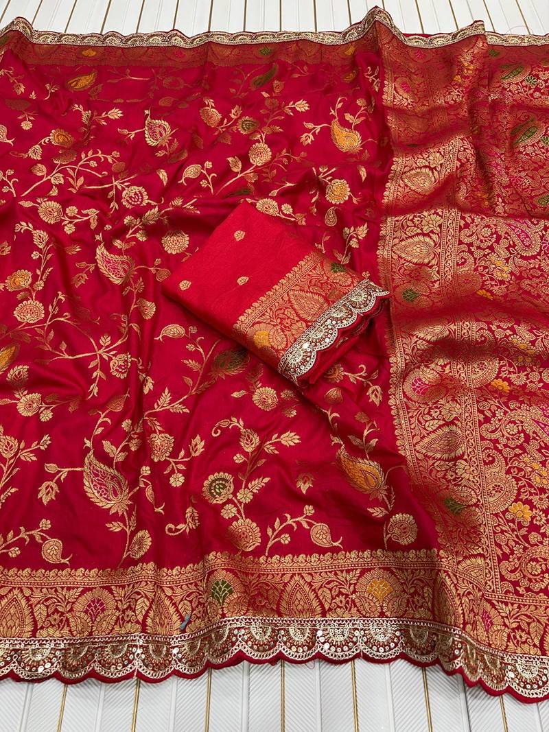 Red Color embroidery cording sequin and thread work Dolla silk blend Saree