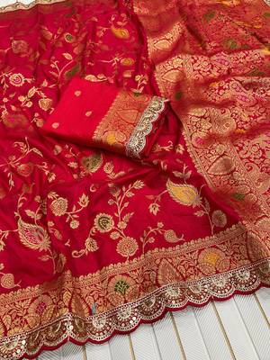 red dola silk saree with embroidery sequins work 2