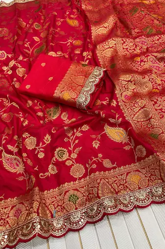 red dola silk saree with embroidery sequins work