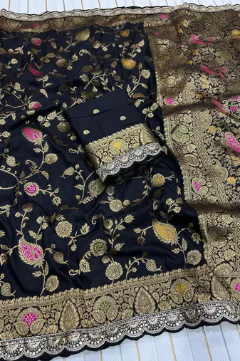 black dola silk saree with embroidery sequins work
