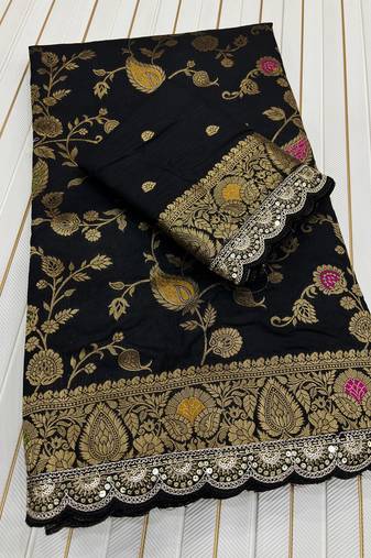 Black Color embroidery cording sequin and thread work Dolla silk blend Saree