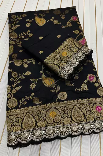 Black Color embroidery cording sequin and thread work Dolla silk blend Saree