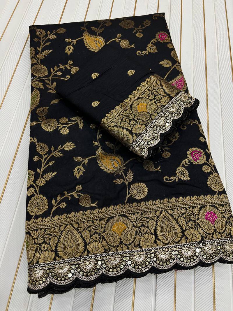 Black Color embroidery cording sequin and thread work Dolla silk blend Saree