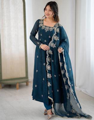 Teal Roman Silk Embroidered Sequence Anarkali Set with Dupatta 1
