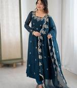 Teal Roman Silk Embroidered Sequence Anarkali Set with Dupatta