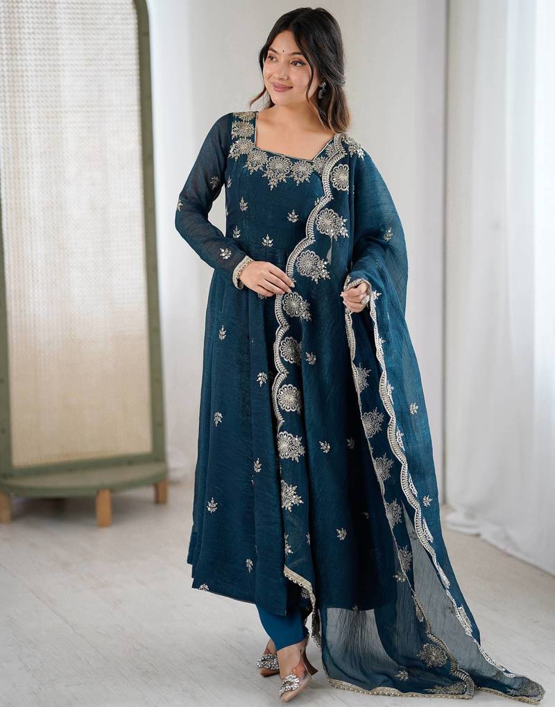 Teal Roman Silk Embroidered Sequence Anarkali Set with Dupatta