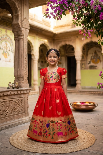 Soft paithani silk zari weaving birds pattern kids gown