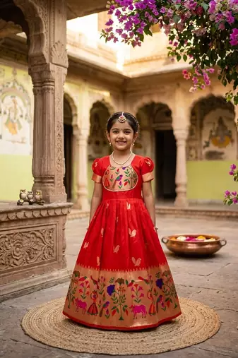Soft paithani silk zari weaving birds pattern kids gown