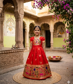 Soft paithani silk zari weaving birds pattern kids gown