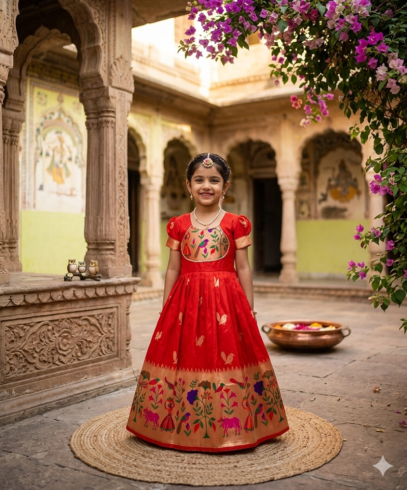Soft paithani silk zari weaving birds pattern kids gown