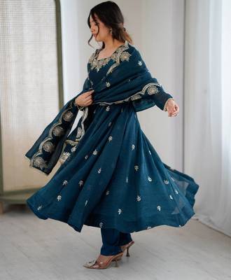Teal Roman Silk Embroidered Sequence Anarkali Set with Dupatta 2