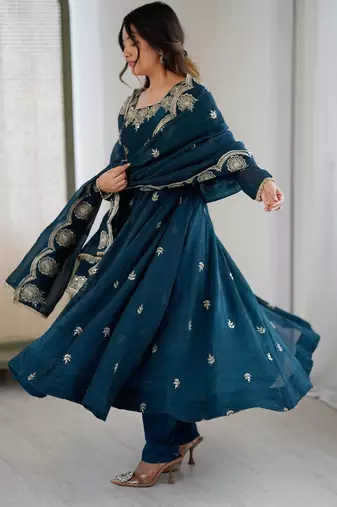 Teal Roman Silk Embroidered Sequence Anarkali Set with Dupatta