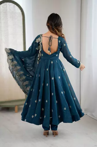 Teal Roman Silk Embroidered Sequence Anarkali Set with Dupatta