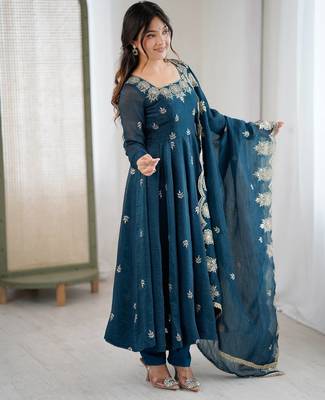 Teal Roman Silk Embroidered Sequence Anarkali Set with Dupatta 4